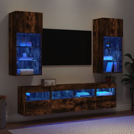 vidaXL Έπιπλα Τοίχου Τηλεόρασης 5 τεμ LED Καπνιστή Δρυς από Επεξ. Ξύλο