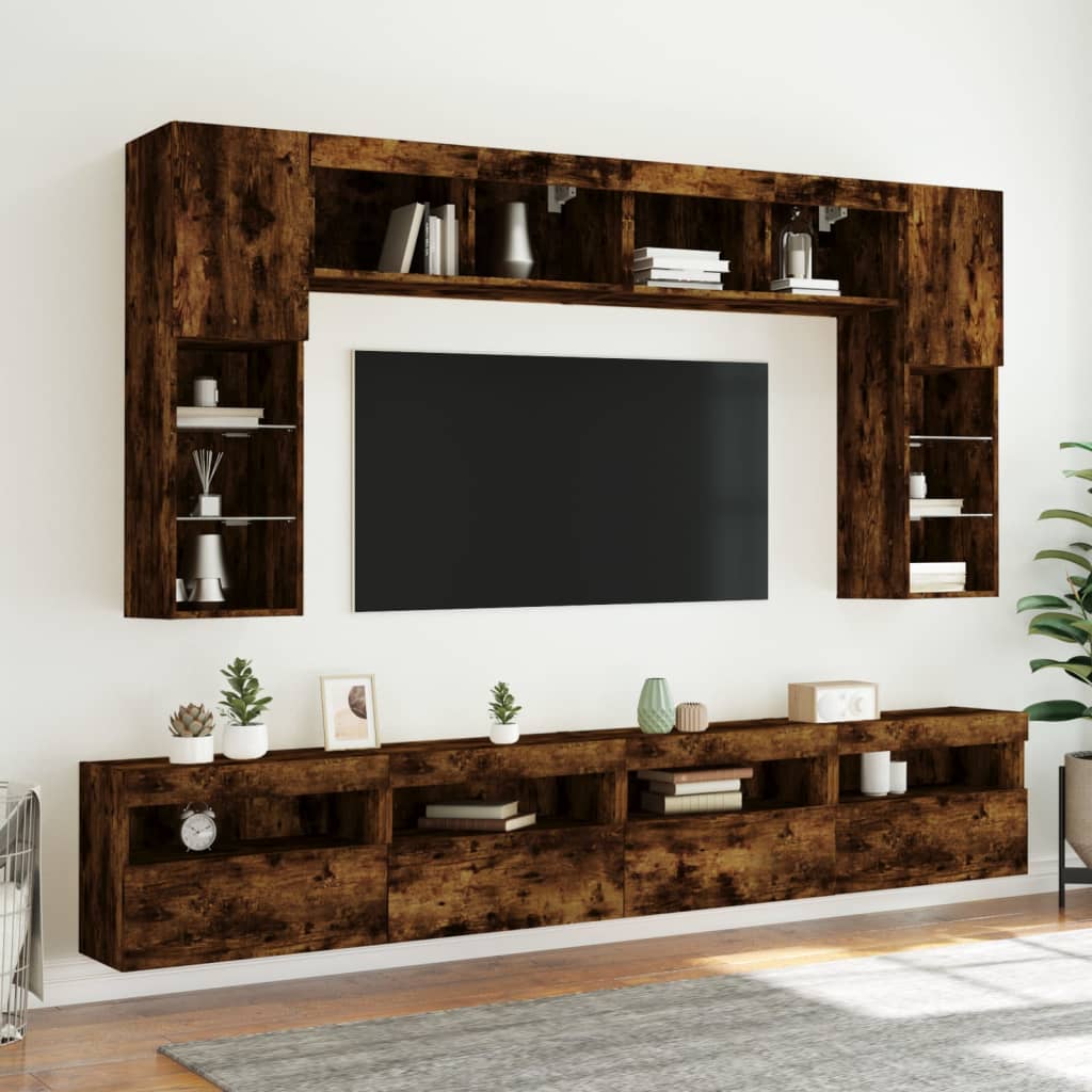 vidaXL Ντουλάπια Τηλεόρασης Τοίχου 8 τεμ. με Φώτα LED Καπνιστή Δρυς
