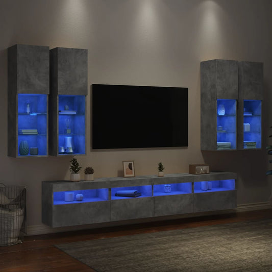 vidaXL Ντουλάπια Τηλεόρασης Τοίχου 7 τεμ. Φώτα LED Γκρι Σκυροδέματος