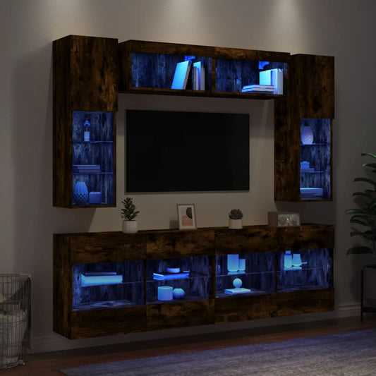 vidaXL Ντουλάπια Τηλεόρασης Τοίχου 6 τεμ. με Φώτα LED Καπνιστή Δρυς
