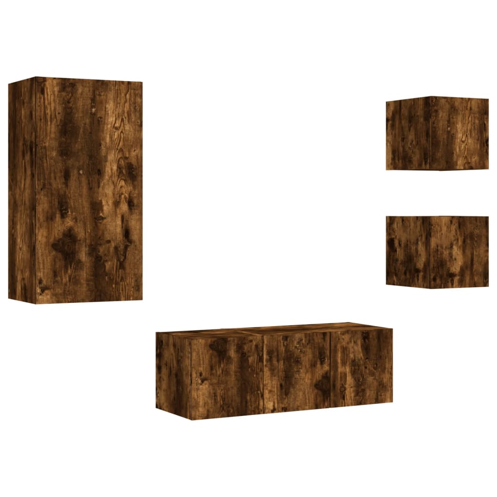 vidaXL Έπιπλα Τοίχου Τηλεόρασης 5 τεμ LED Καπνιστή Δρυς από Επεξ. Ξύλο