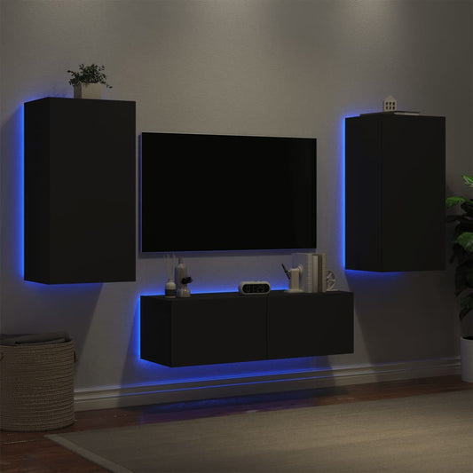 vidaXL Ντουλάπια Τηλεόρασης Τοίχου 3 Τεμ. με Φώτα LED Μαύρα