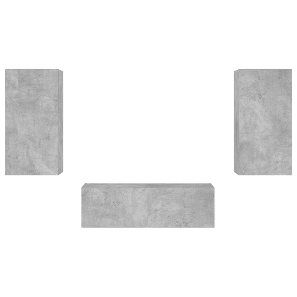 vidaXL Ντουλάπια Τηλεόρασης Τοίχου 3Τεμ. με Φώτα LED Γκρι Σκυροδέματος