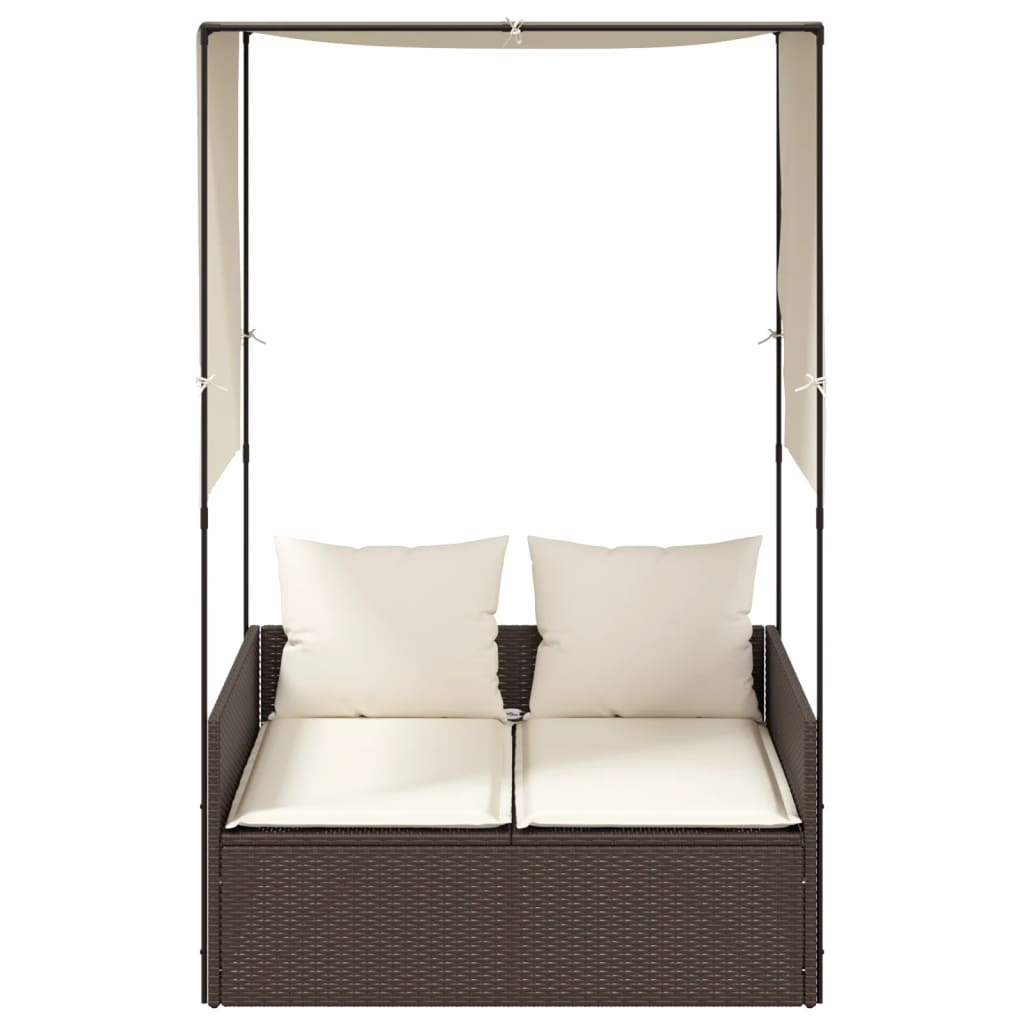 vidaXL Ξαπλώστρα Διπλή Καφέ από Συνθετικό Ρατάν με Οροφή / Κουρτίνες