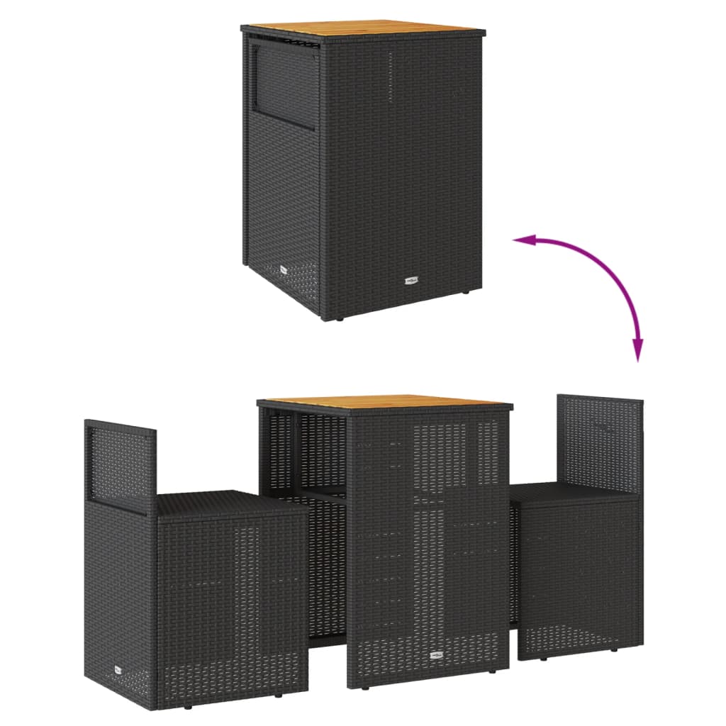 vidaXL Σετ Επίπλων Bistro 3 τεμ. Μαύρο Συνθετ. Ρατάν με Μαξιλάρια