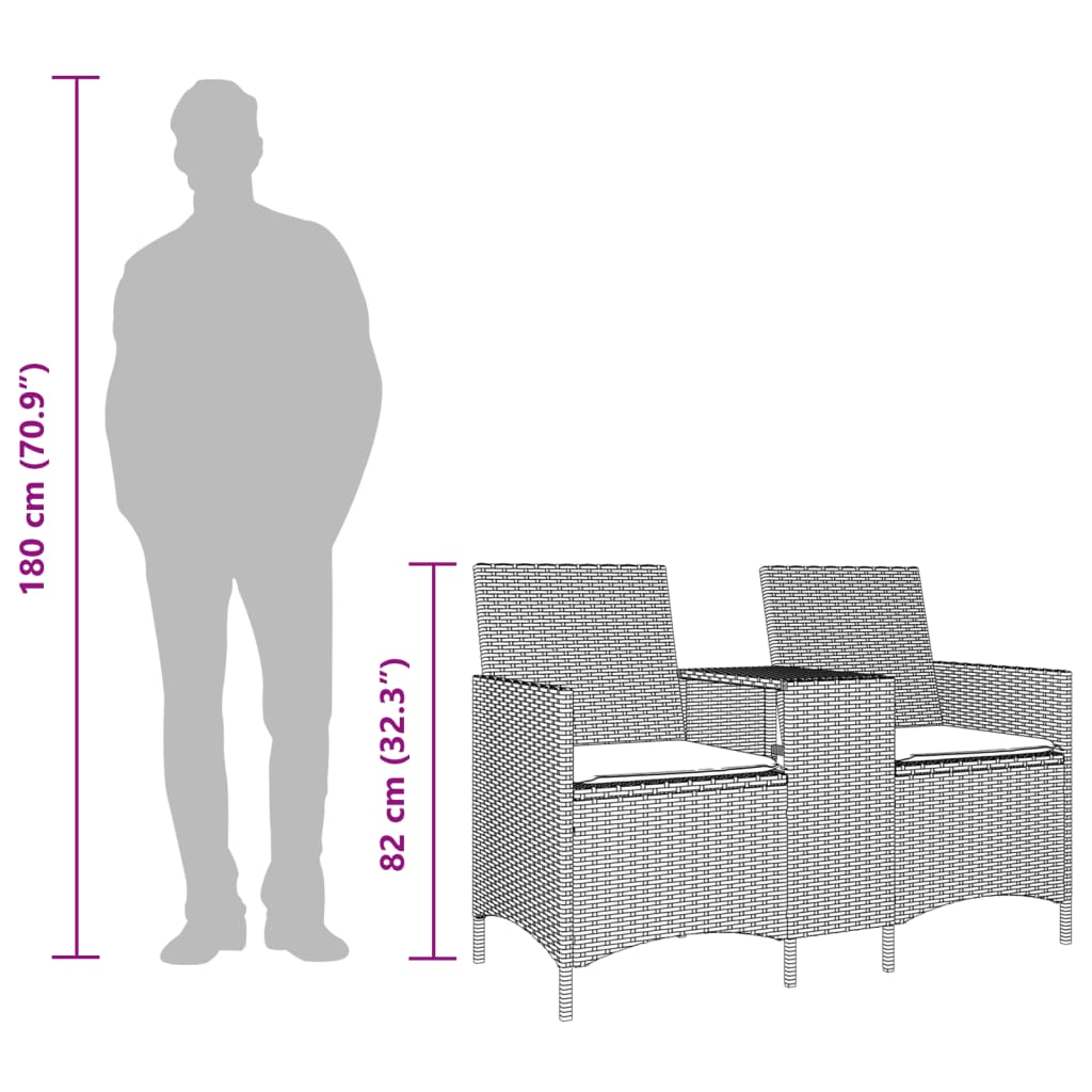 vidaXL Καναπές Κήπου Διθέσιος Αν.Γκρι Συνθ. Ρατάν με Τραπέζι/Μαξιλάρια