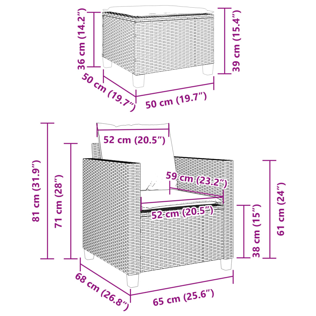 vidaXL Σετ Επίπλων Bistro 3 τεμ. Μαύρο Συνθετ. Ρατάν με Μαξιλάρια