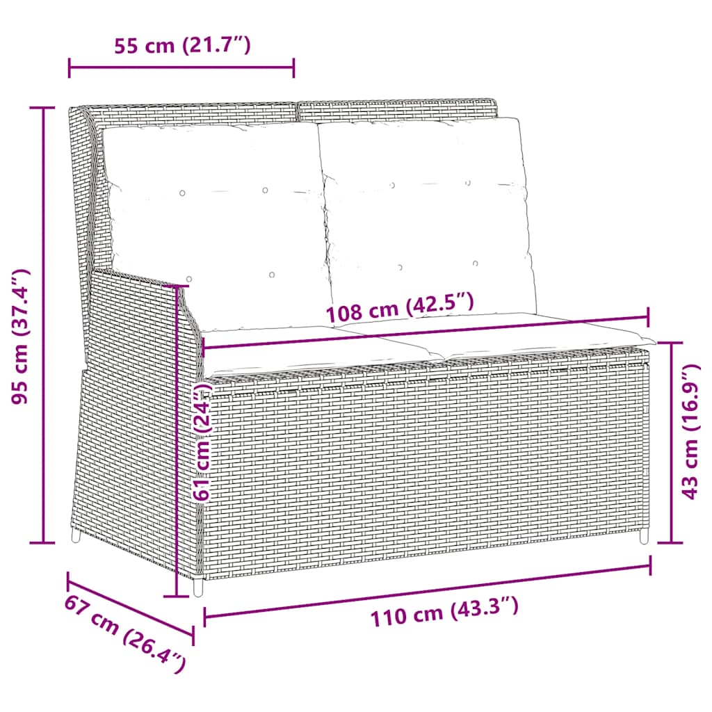 vidaXL Πάγκος Κήπου Ανακλινόμενος Αν. Γκρι Συνθετικό Ρατάν & Μαξιλάρια