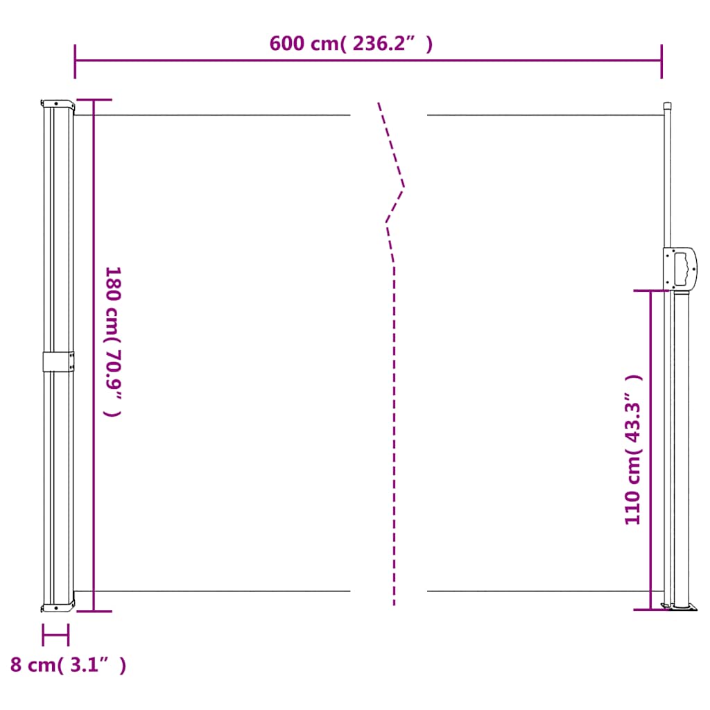vidaXL Σκίαστρο Πλαϊνό Συρόμενο Μαύρο 180 x 600 εκ.