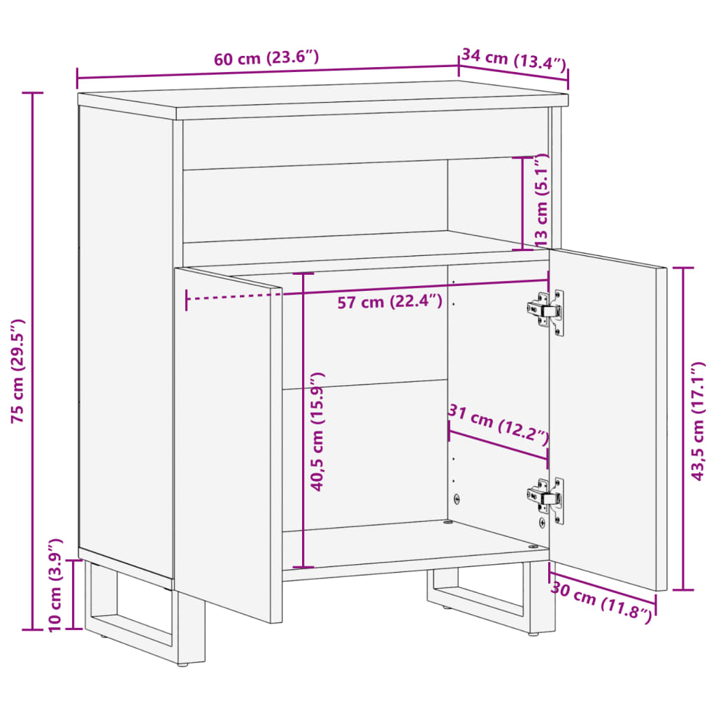 vidaXL Ντουλάπι Καφέ 60 x 34 x 75 εκ. από Μασίφ Ξύλο Μάνγκο