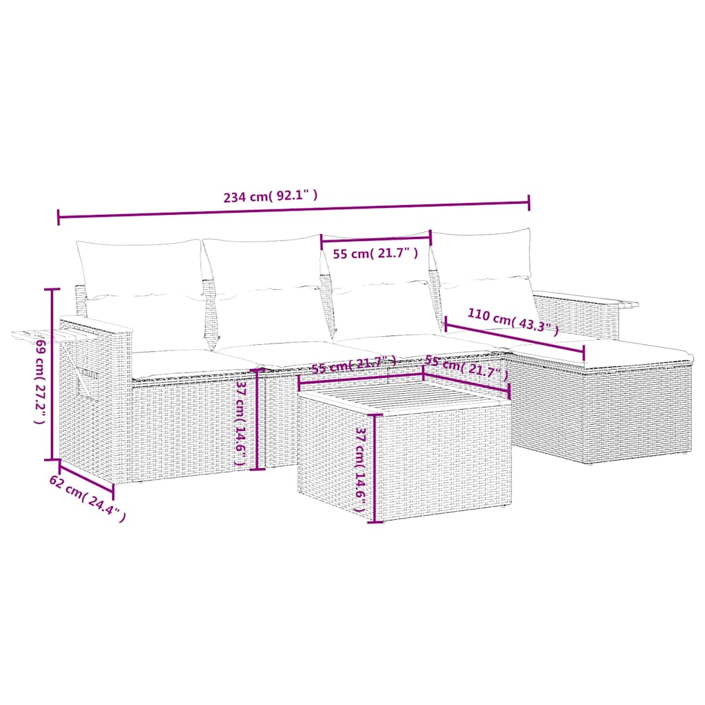 vidaXL Σετ Σαλονιού Κήπου 6 τεμ. Γκρι Συνθετικό Ρατάν με Μαξιλάρια