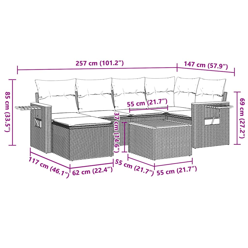 vidaXL Καναπές Σετ 7 Τεμαχίων Μαύρο Συνθετικό Ρατάν με Μαξιλάρια