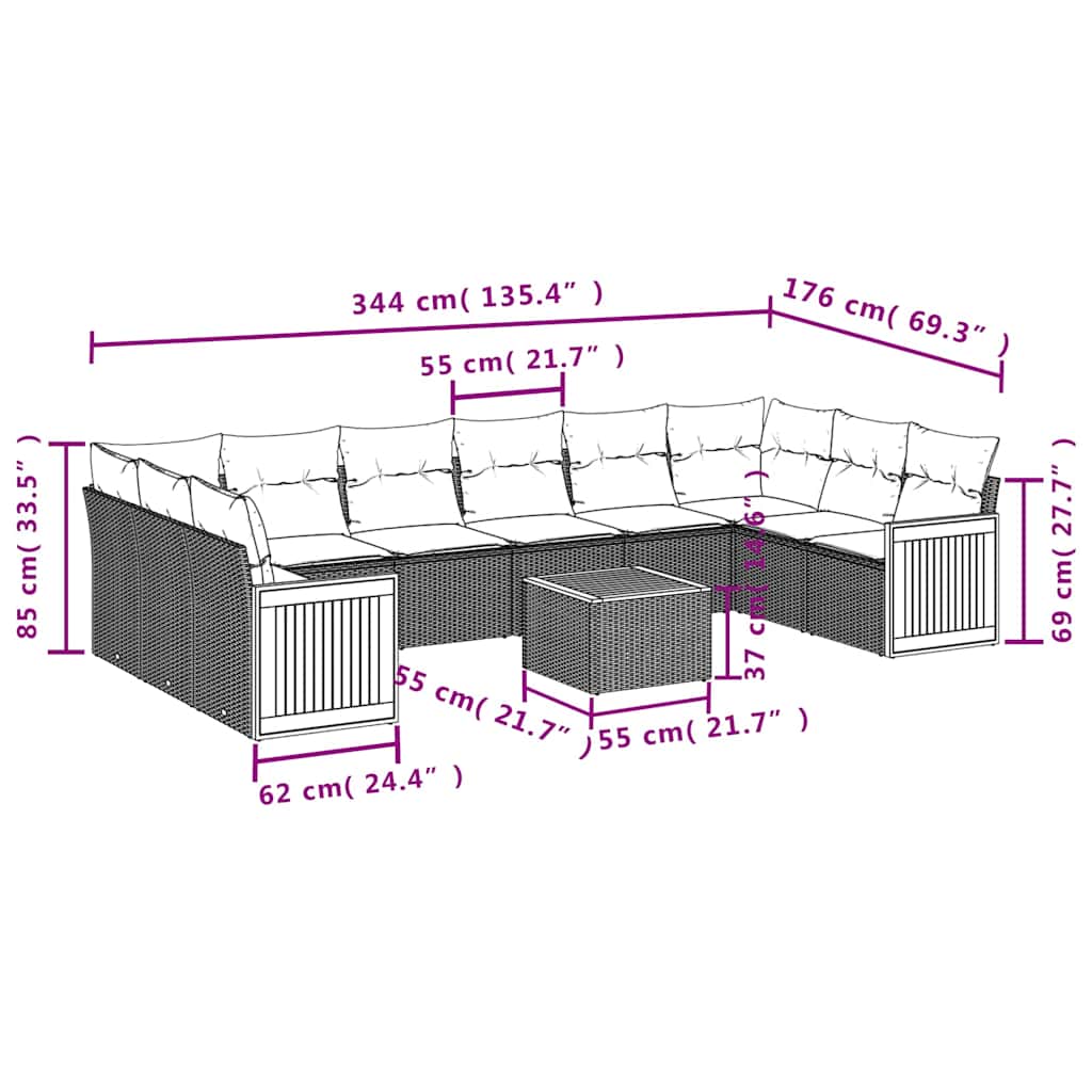 vidaXL Σετ Καναπέδων Κήπου 11 Τεμαχίων με Μαξιλάρια από Μαύρο Συνθετικό Ρατάν