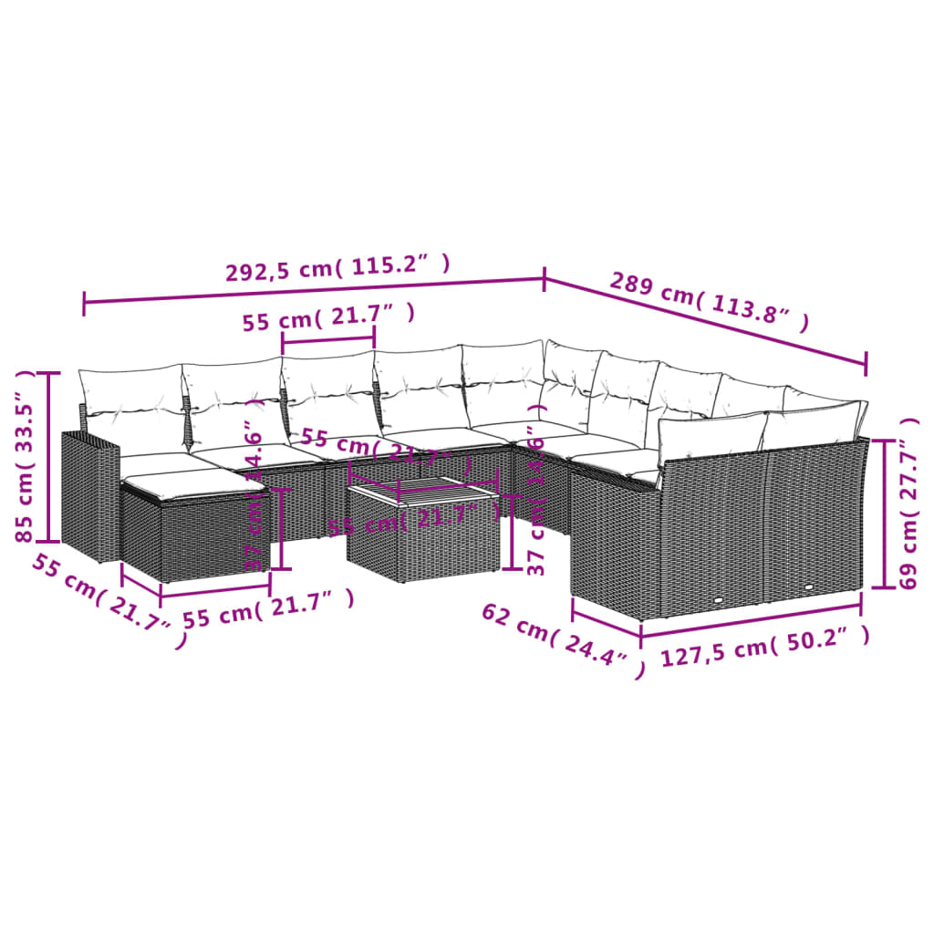 vidaXL Σαλόνι Κήπου 12 Τεμαχίων Γκρι από Συνθετικό Ρατάν με Μαξιλάρια