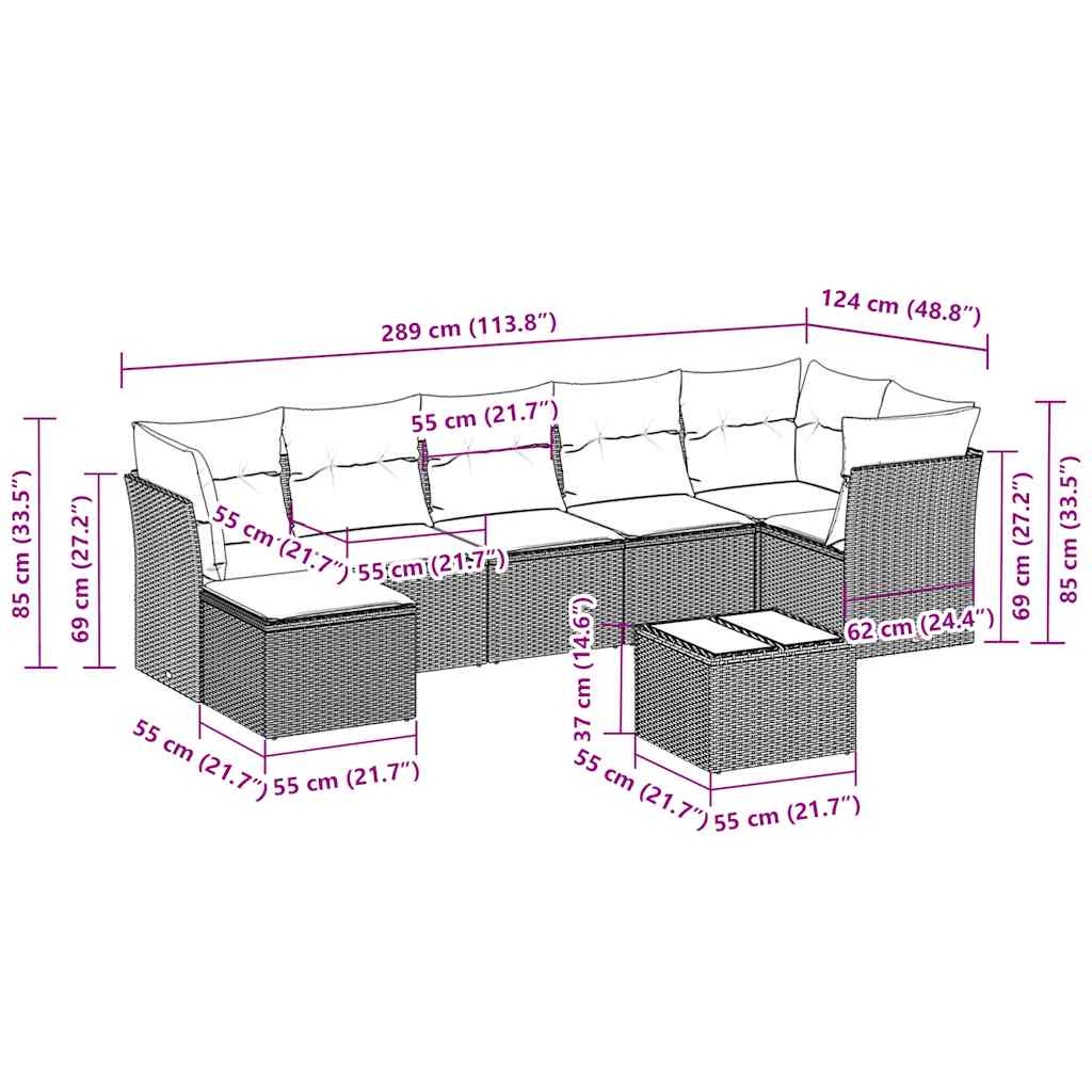 vidaXL Σαλόνι Κήπου Σετ 8 Τεμαχίων Γκρι Συνθετικό Ρατάν με Μαξιλάρια