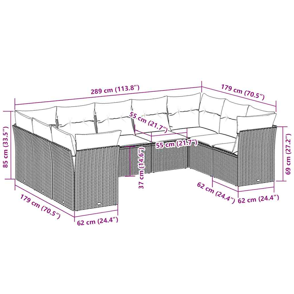 vidaXL Σαλόνι Κήπου Σετ 9 Τεμαχίων Γκρι Συνθετικό Ρατάν με Μαξιλάρια