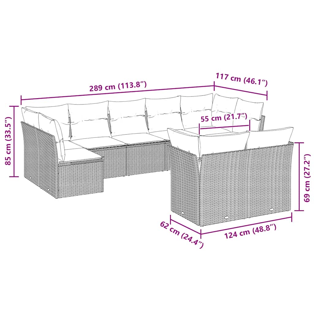 vidaXL Σαλόνι Κήπου Σετ 9 Τεμαχίων Γκρι Συνθετικό Ρατάν με Μαξιλάρια