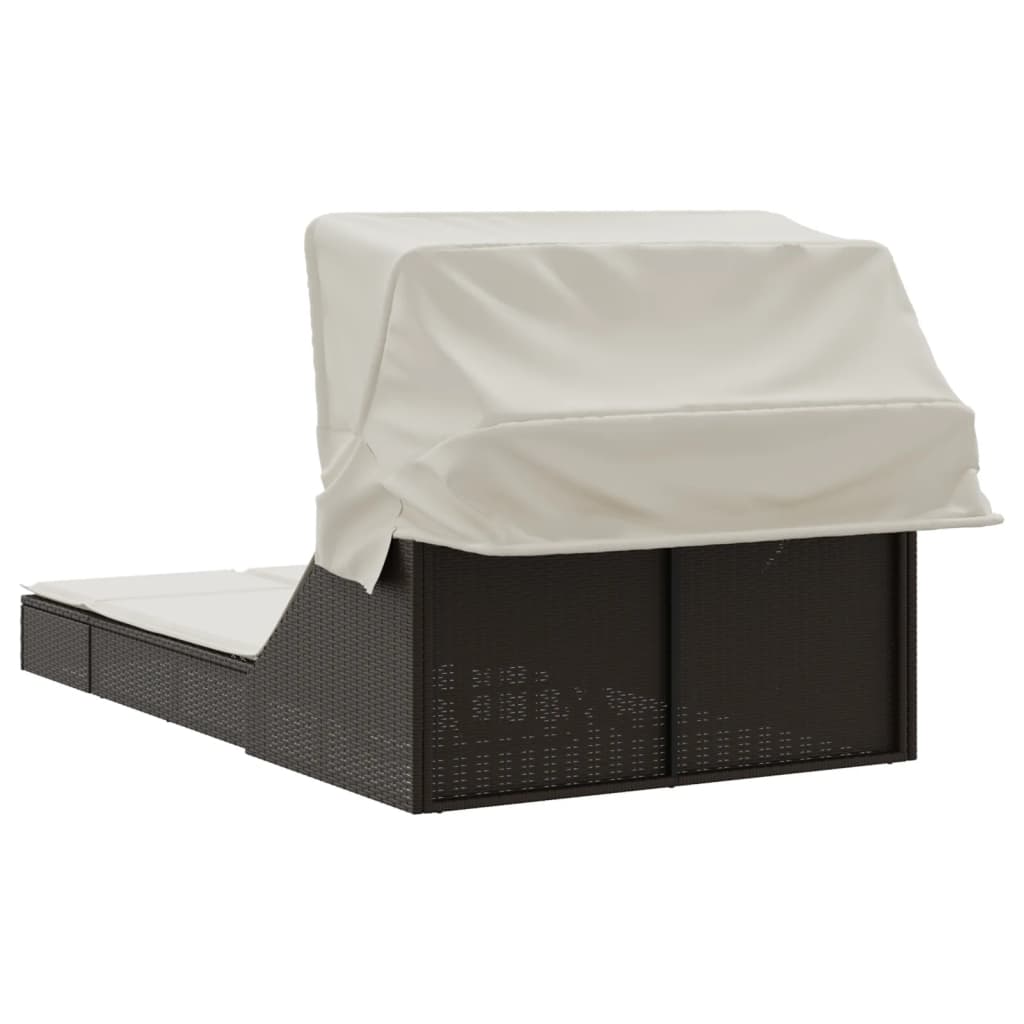 vidaXL Ξαπλώστρα Διπλή Καφέ Συνθετικό Ρατάν με Σκίαστρο και Μαξιλάρια