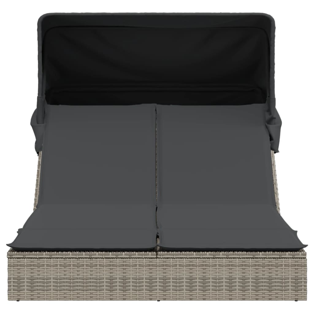vidaXL Ξαπλώστρα Διπλή Γκρι Συνθετικό Ρατάν με Σκίαστρο και Μαξιλάρια