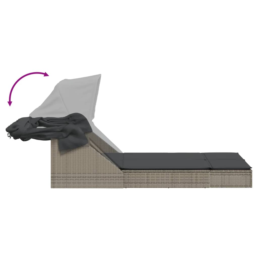 vidaXL Ξαπλώστρα Διπλή Γκρι Συνθετικό Ρατάν με Σκίαστρο και Μαξιλάρια