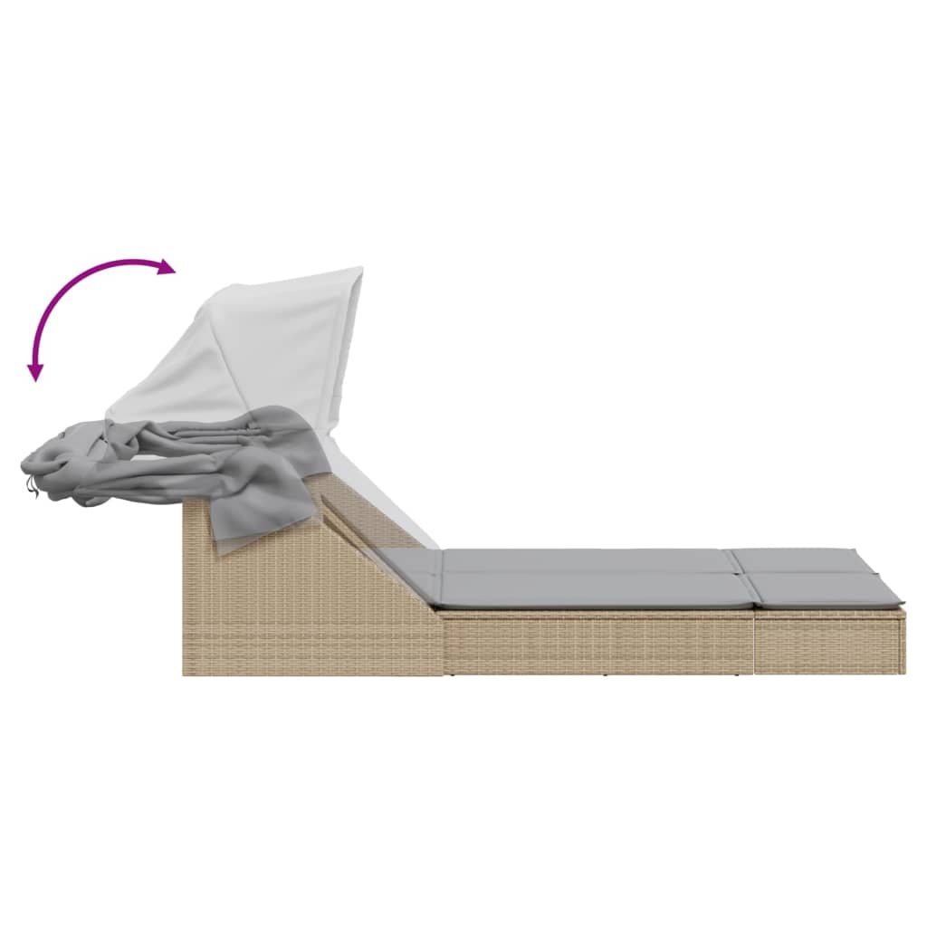 vidaXL Ξαπλώστρα Διπλή Μπεζ Συνθετικό Ρατάν με Σκίαστρο και Μαξιλάρια