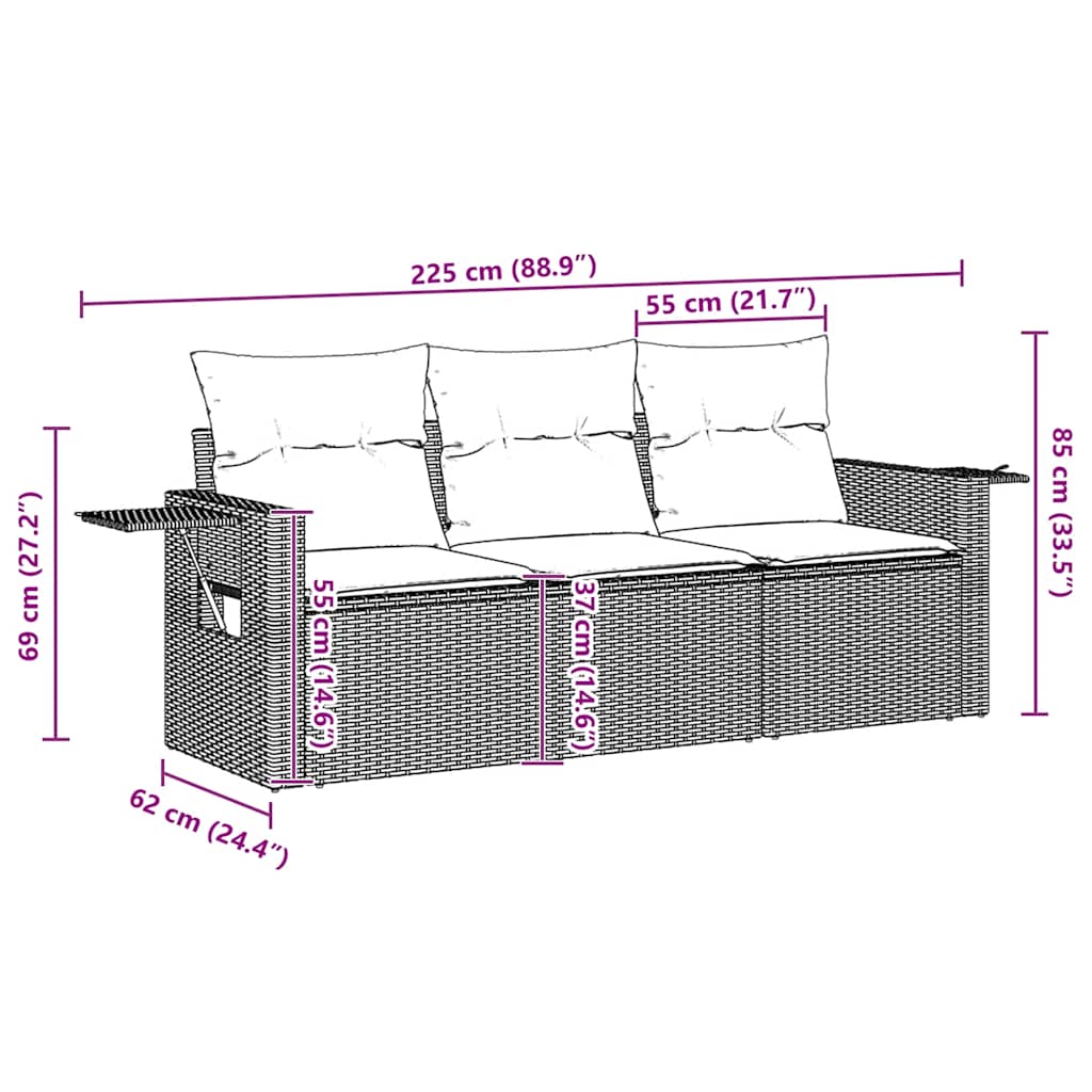 vidaXL Σαλόνι Κήπου Σετ 3 τεμ. Καφέ από Συνθετικό Ρατάν με Μαξιλάρια