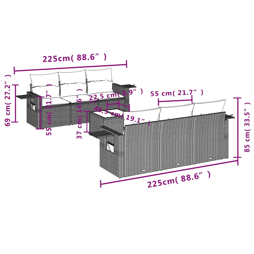 vidaXL Σαλόνι Κήπου Σετ 7 Τεμαχίων Γκρι Συνθετικό Ρατάν με Μαξιλάρια