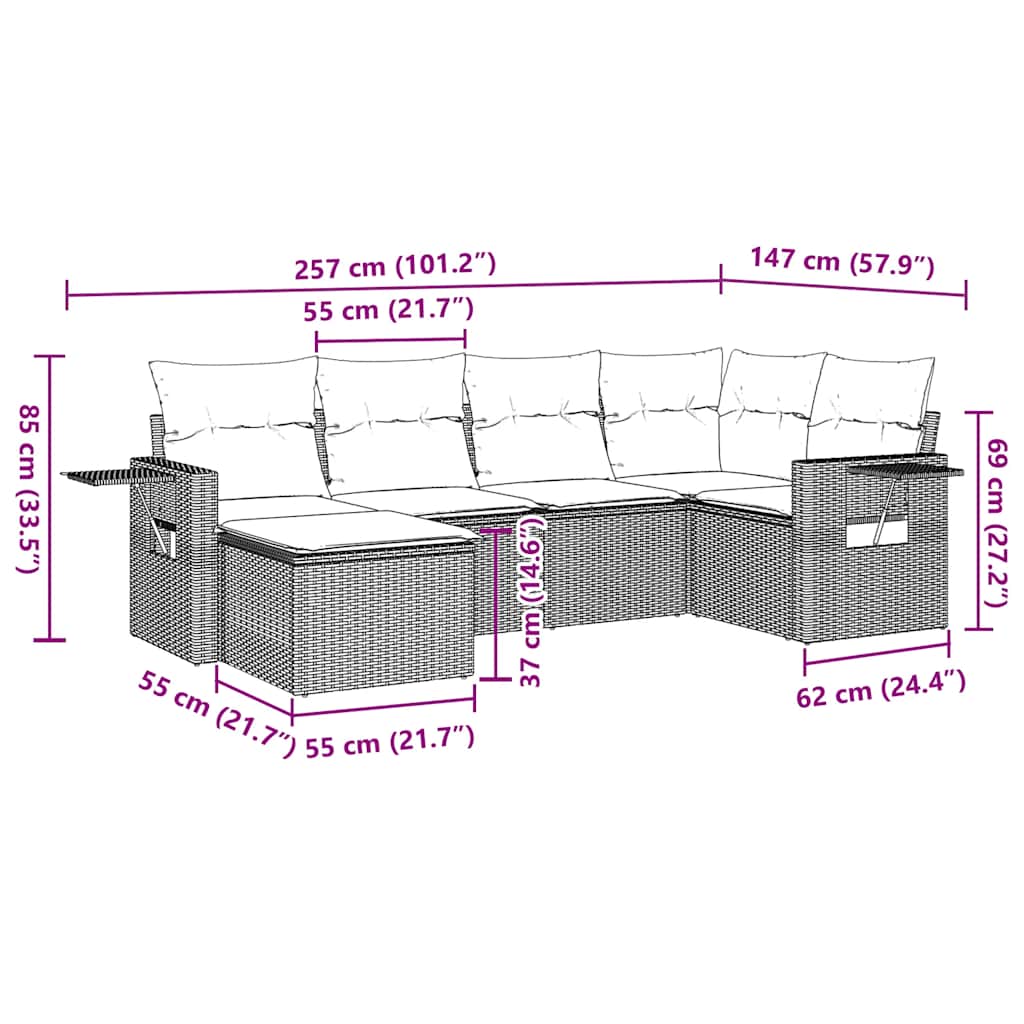 vidaXL Σαλόνι Κήπου Σετ 6 Τεμαχίων Καφέ Συνθετικό Ρατάν με Μαξιλάρια