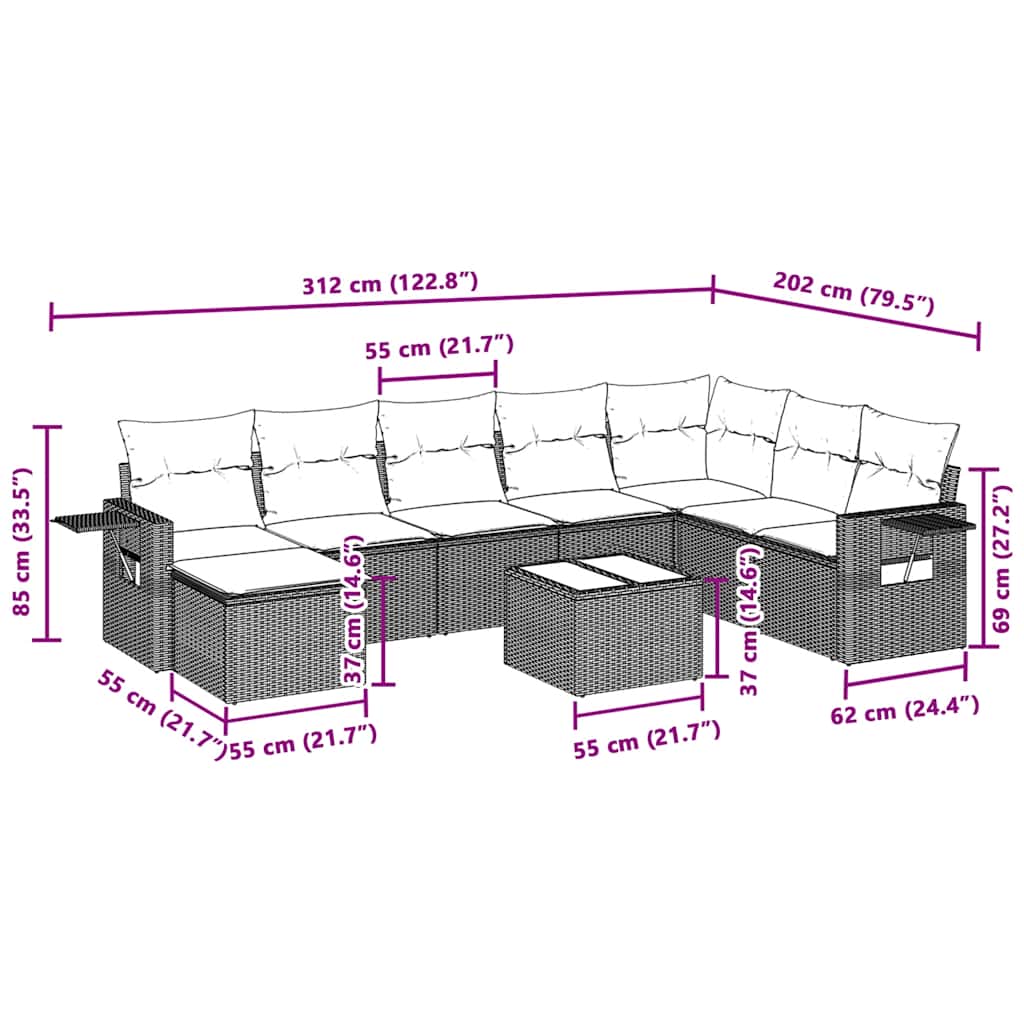 vidaXL Σαλόνι Κήπου Σετ 9 Τεμαχίων Γκρι Συνθετικό Ρατάν με Μαξιλάρια
