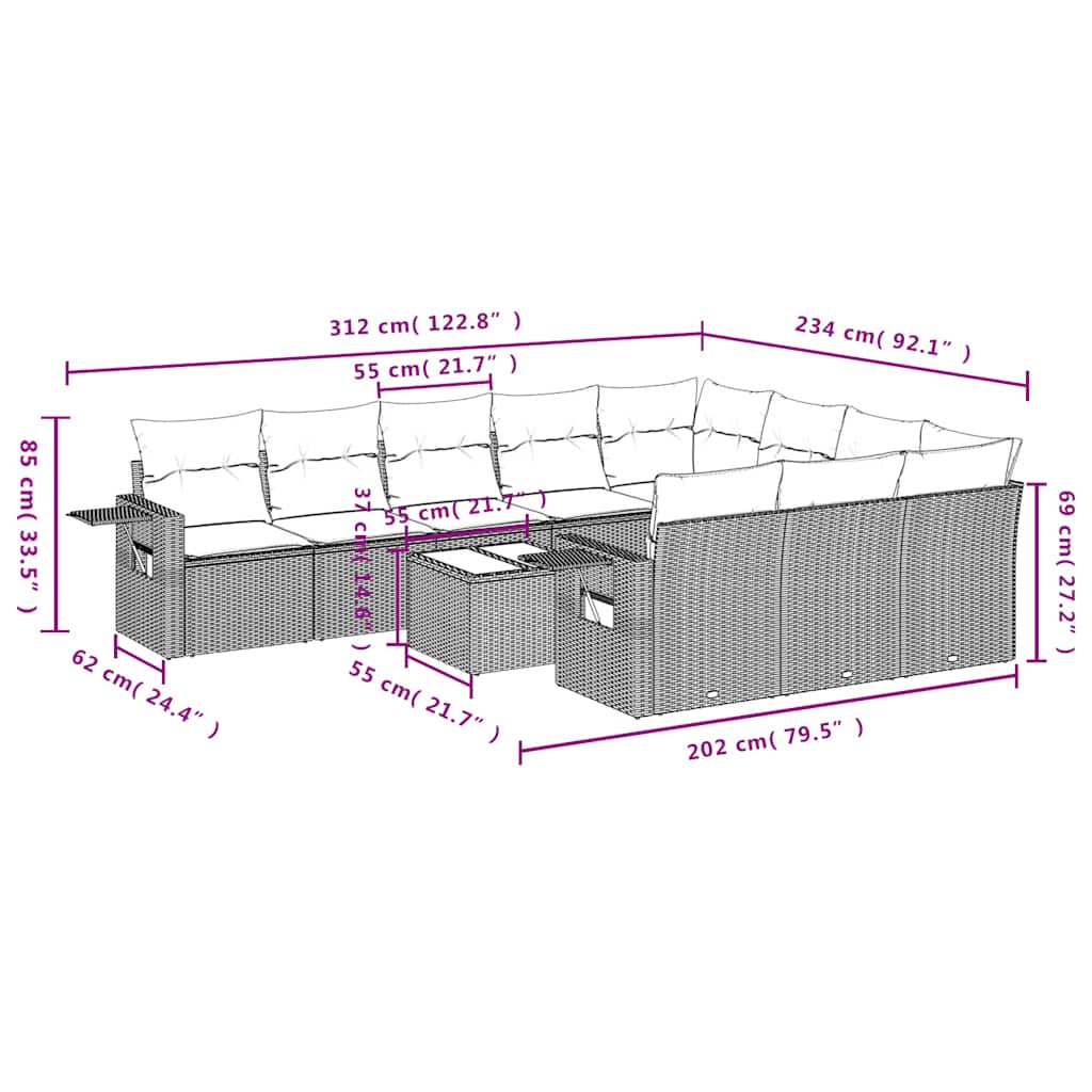 vidaXL Σαλόνι Κήπου 11 Τεμαχίων Αν. Γκρι Συνθετικό Ρατάν με Μαξιλάρια