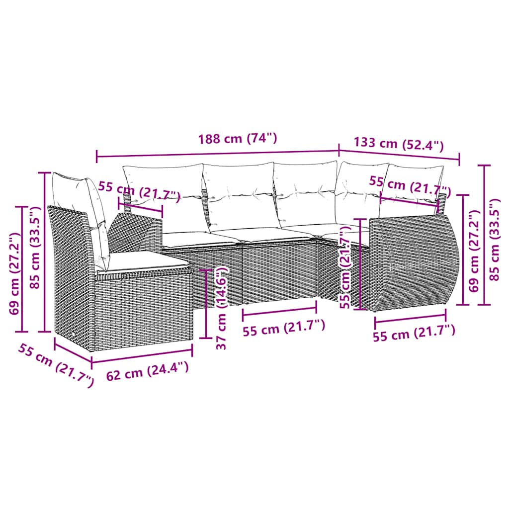 vidaXL Σαλόνι Κήπου Σετ 5 Τεμαχίων Γκρι Συνθετικό Ρατάν με Μαξιλάρια