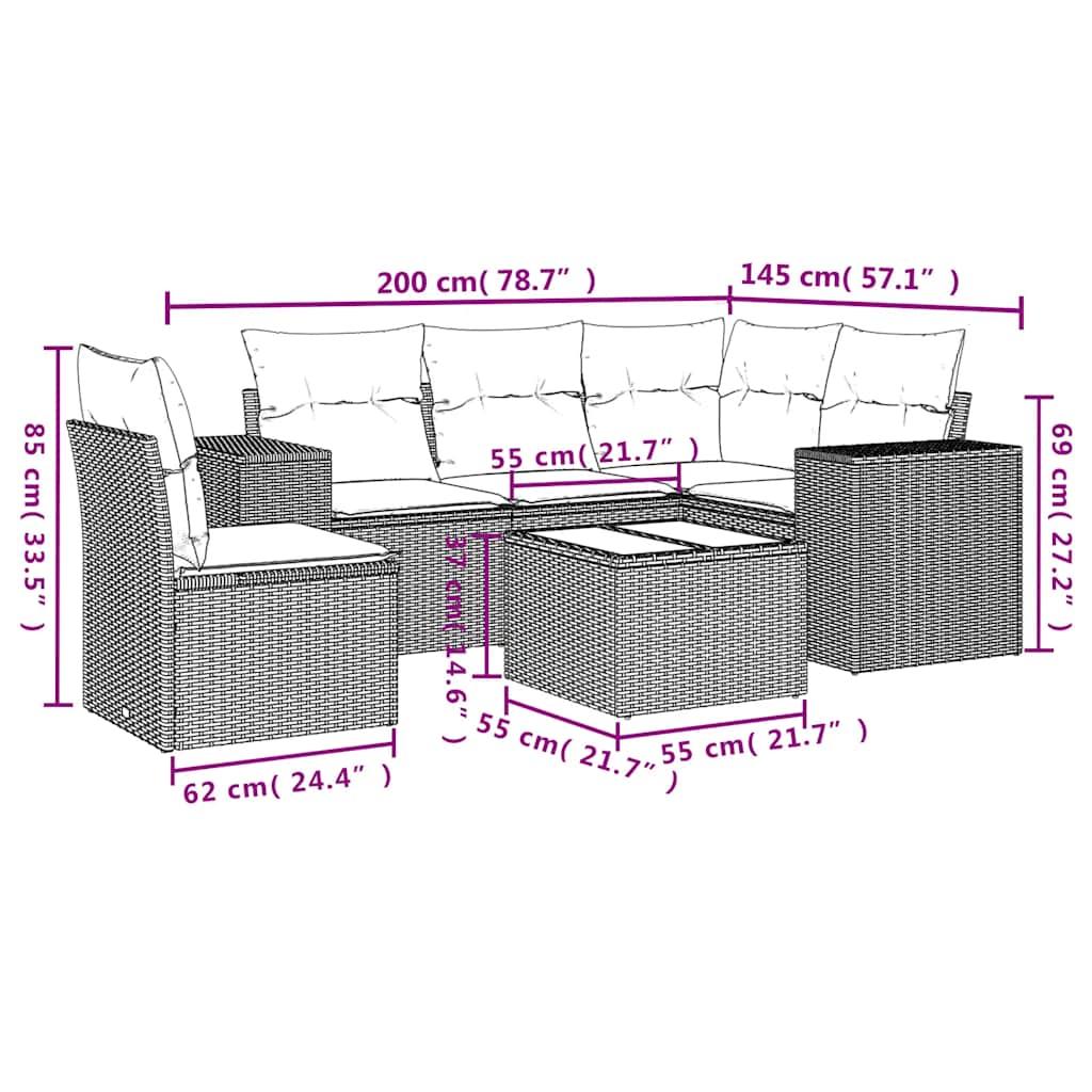vidaXL Σαλόνι Κήπου Σετ 6 Τεμαχίων Γκρι Συνθετικό Ρατάν με Μαξιλάρια