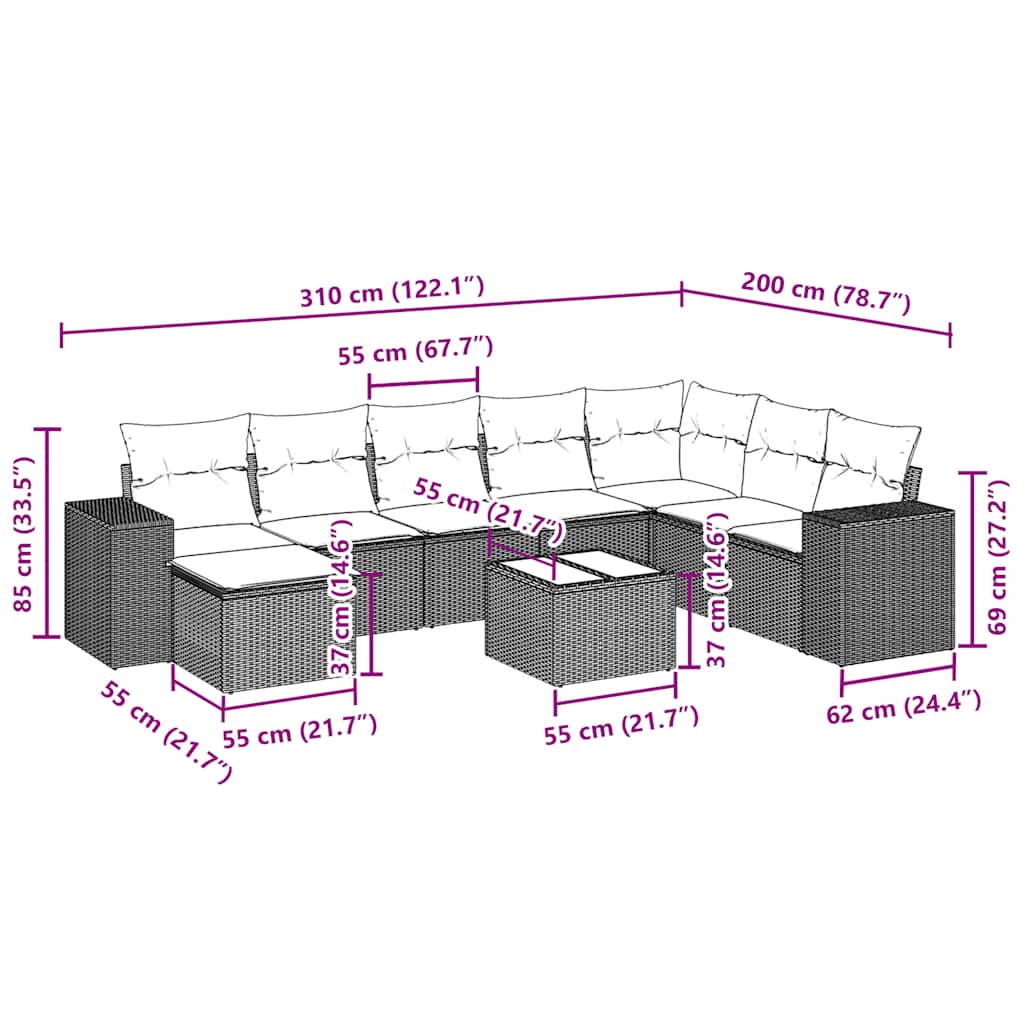 vidaXL Σαλόνι Κήπου Σετ 9 Τεμαχίων Γκρι Συνθετικό Ρατάν με Μαξιλάρια