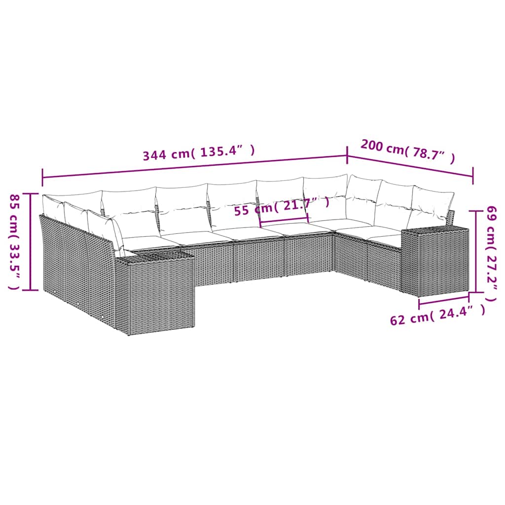 vidaXL Σαλόνι Κήπου 10 Τεμαχίων Αν. Γκρι Συνθετικό Ρατάν με Μαξιλάρια