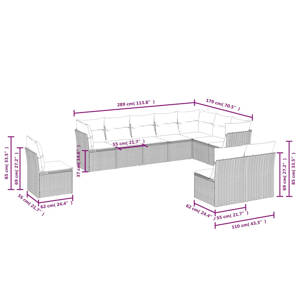 vidaXL Σαλόνι Κήπου Σετ 10 Τεμαχίων Μαύρο Συνθετικό Ρατάν με Μαξιλάρια