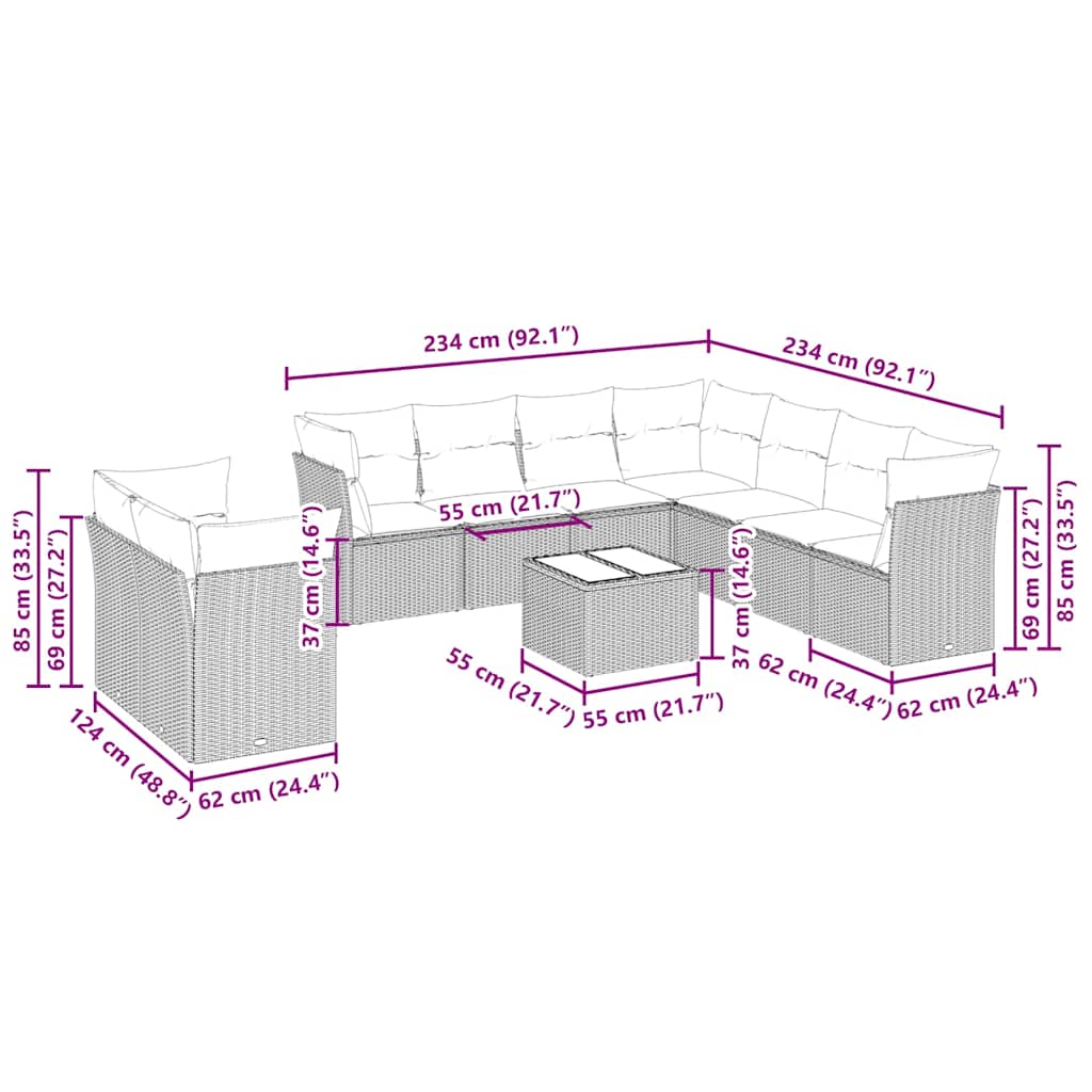 vidaXL Σαλόνι Κήπου 10 Τεμαχίων Αν. Γκρι Συνθετικό Ρατάν με Μαξιλάρια
