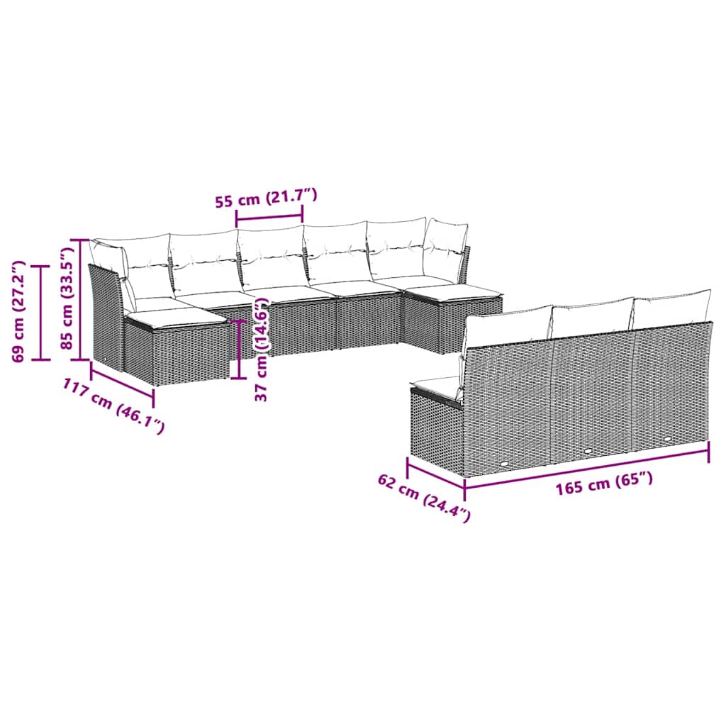 vidaXL Σαλόνι Κήπου 10 Τεμαχίων Αν. Γκρι Συνθετικό Ρατάν με Μαξιλάρια