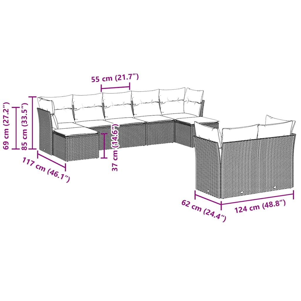 vidaXL Σαλόνι Κήπου Σετ 9 τεμ. Καφέ από Συνθ. Ρατάν με Μαξιλάρια