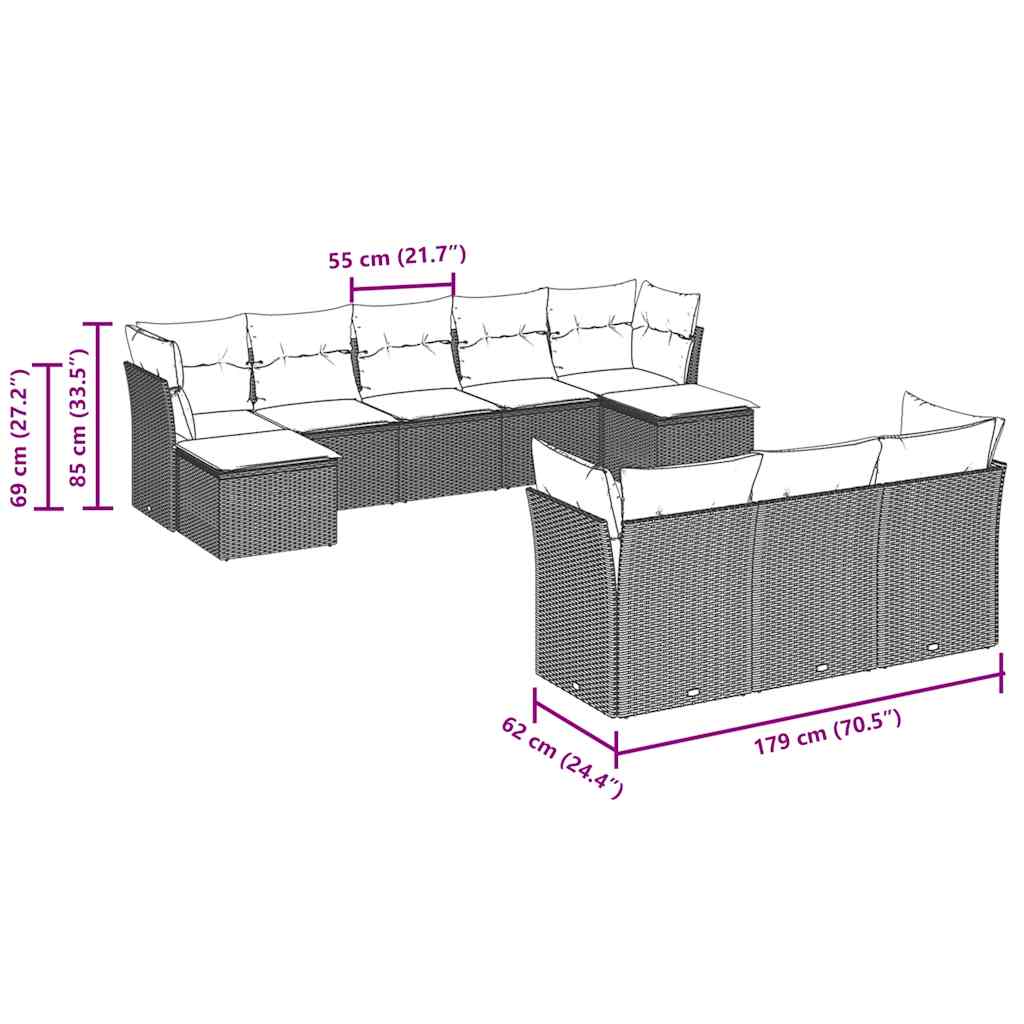 vidaXL Σαλόνι Κήπου 10 Τεμαχίων Αν. Γκρι Συνθετικό Ρατάν με Μαξιλάρια