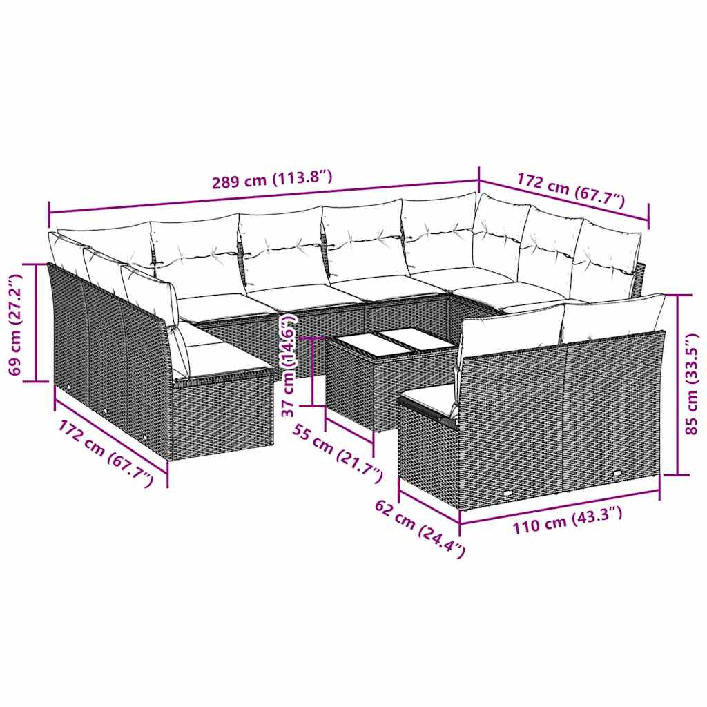 vidaXL Σαλόνι Κήπου 12 Τεμαχίων Αν. Γκρι Συνθετικό Ρατάν με Μαξιλάρια