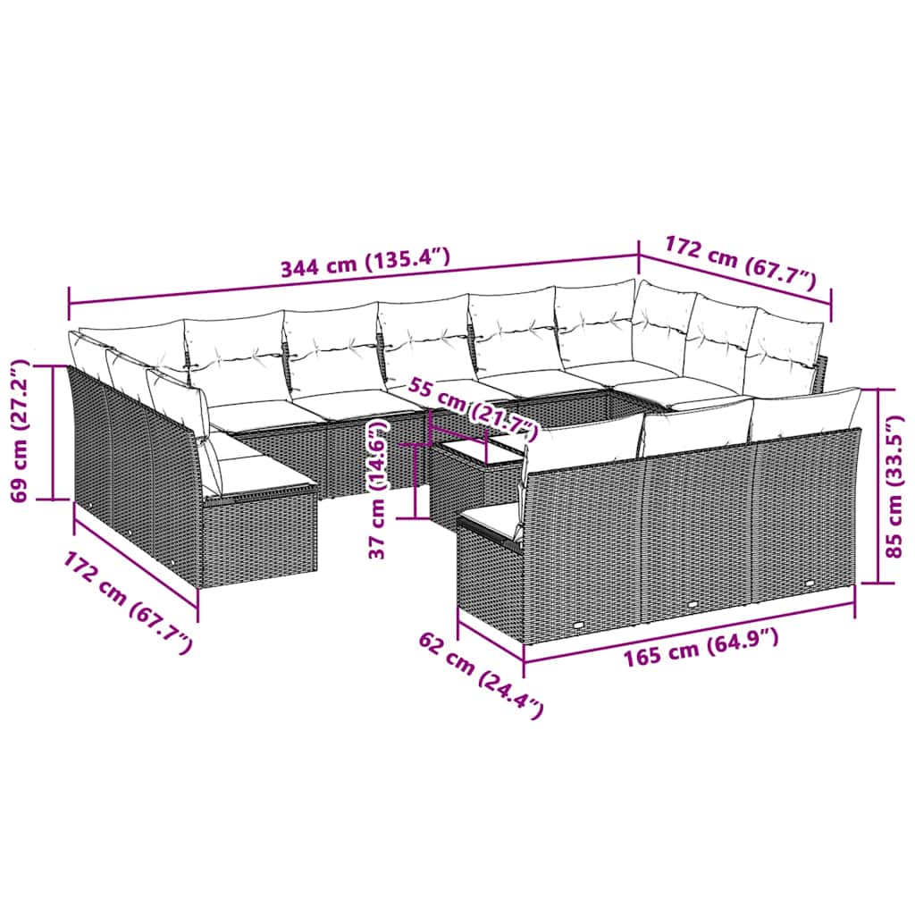 vidaXL Σαλόνι Κήπου 14 Τεμαχίων Γκρι από Συνθετικό Ρατάν με Μαξιλάρια