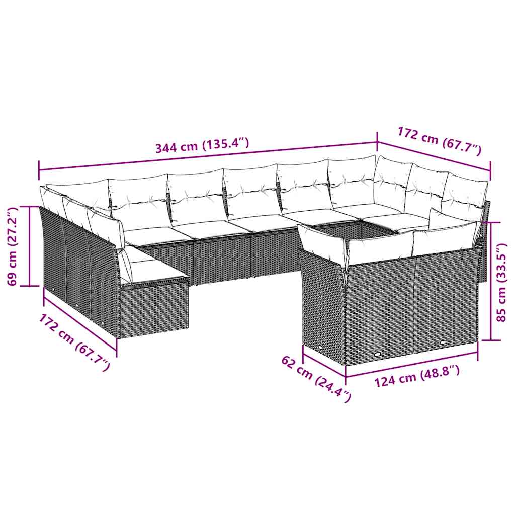 vidaXL Σαλόνι Κήπου 12 Τεμαχίων Καφέ Συνθετικό Ρατάν με Μαξιλάρια