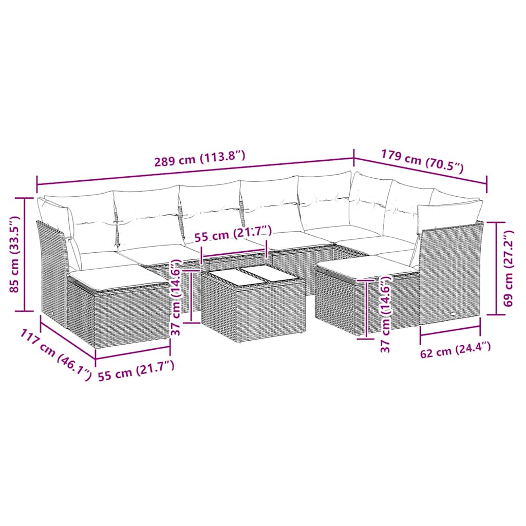 vidaXL Σαλόνι Κήπου Σετ 10 Τεμαχίων Μαύρο Συνθετικό Ρατάν με Μαξιλάρια
