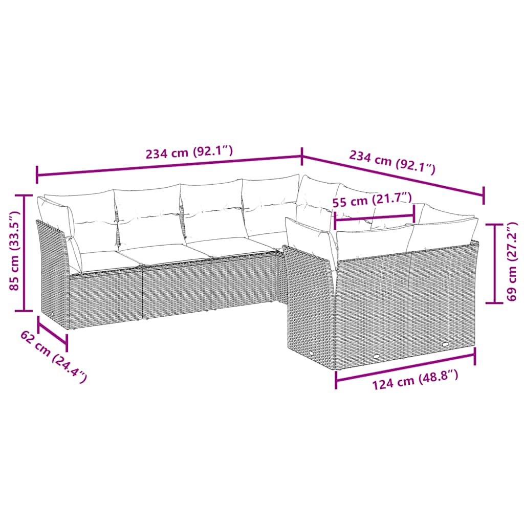 vidaXL Σαλόνι Κήπου Σετ 8 Τεμαχίων Καφέ Συνθετικό Ρατάν με Μαξιλάρια