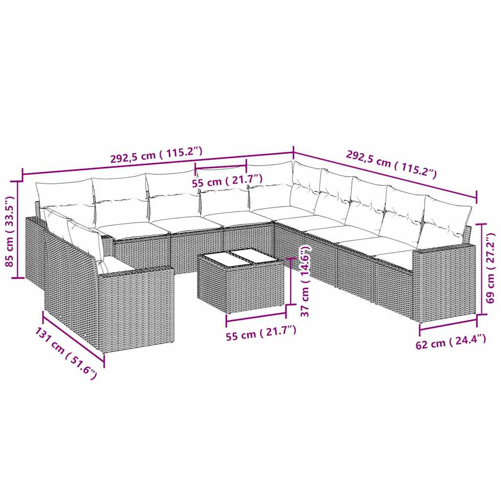 vidaXL Σαλόνι Κήπου 12 Τεμαχίων Αν. Γκρι Συνθετικό Ρατάν με Μαξιλάρια