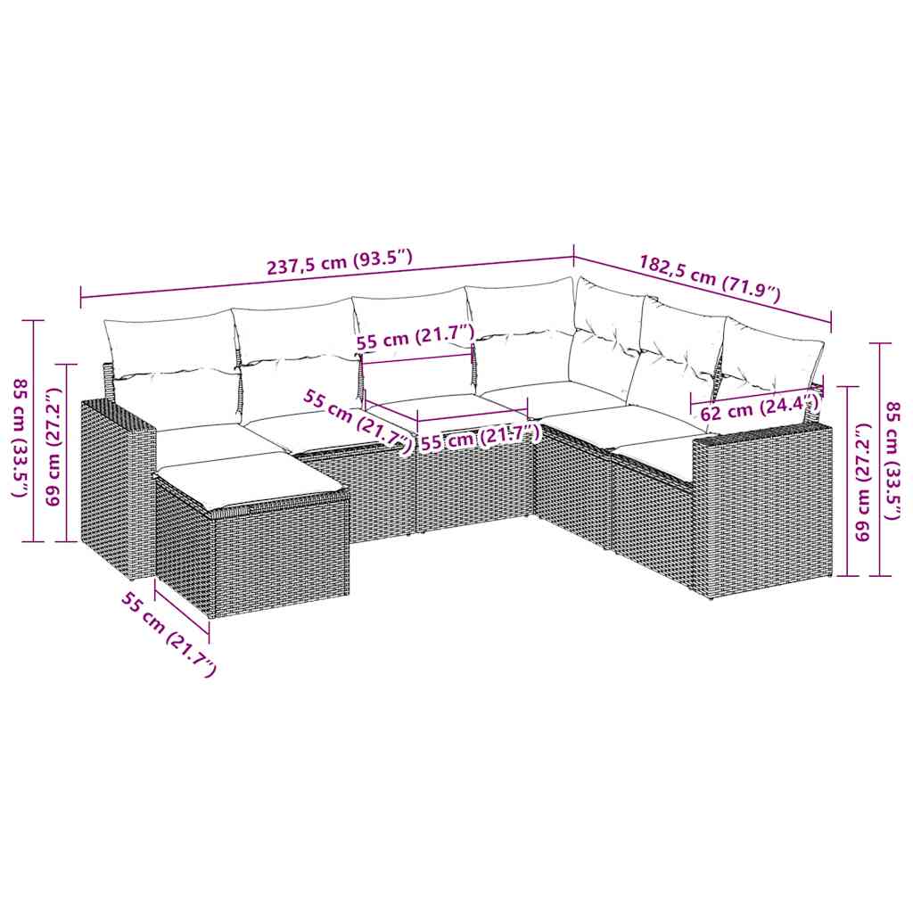vidaXL Σαλόνι Κήπου Σετ 7 Τεμαχίων Καφέ Συνθετικό Ρατάν με Μαξιλάρια