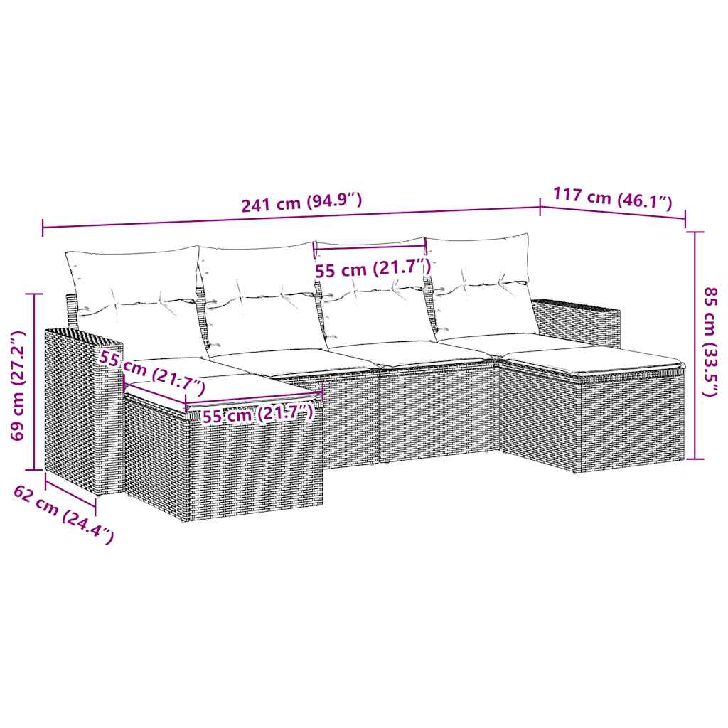 vidaXL Σαλόνι Κήπου Σετ 6 Τεμαχίων Καφέ Συνθετικό Ρατάν με Μαξιλάρια