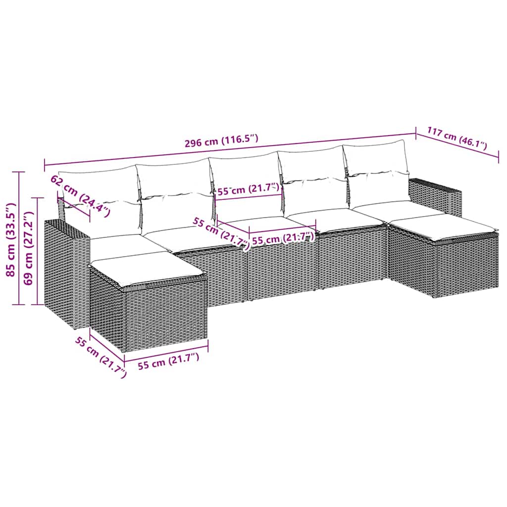 vidaXL Σαλόνι Κήπου Σετ 7 Τεμαχίων Καφέ Συνθετικό Ρατάν με Μαξιλάρια
