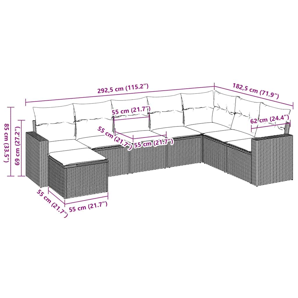 vidaXL Σαλόνι Κήπου Σετ 8 Τεμαχίων Καφέ Συνθετικό Ρατάν με Μαξιλάρια