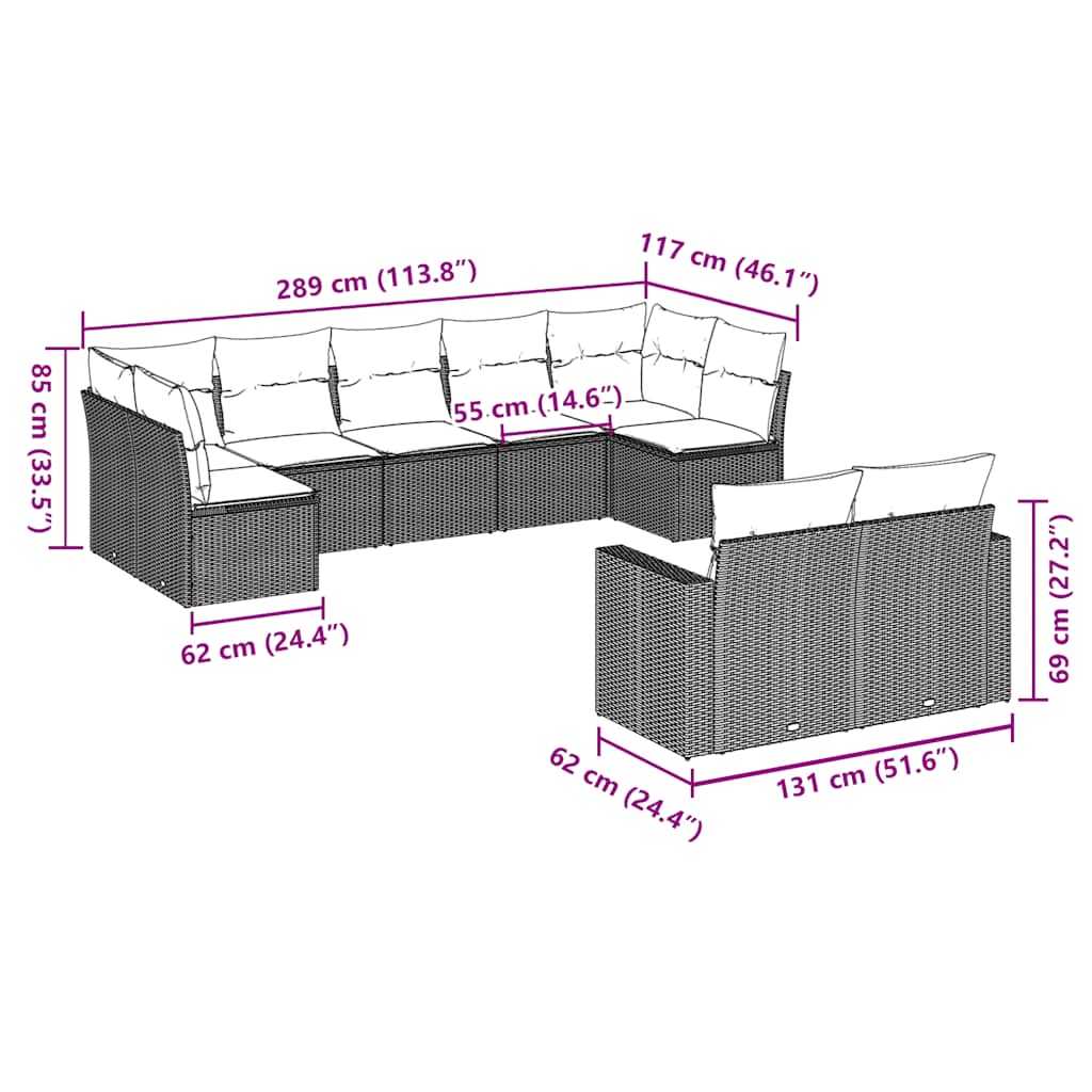 vidaXL Σαλόνι Κήπου Σετ 9 τεμ. Καφέ από Συνθ. Ρατάν με Μαξιλάρια